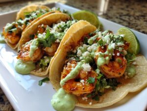 Three fully loaded shrimp taco shells filled with grilled shrimp, topped with cotija cheese, cilantro, and creamy green sauce.