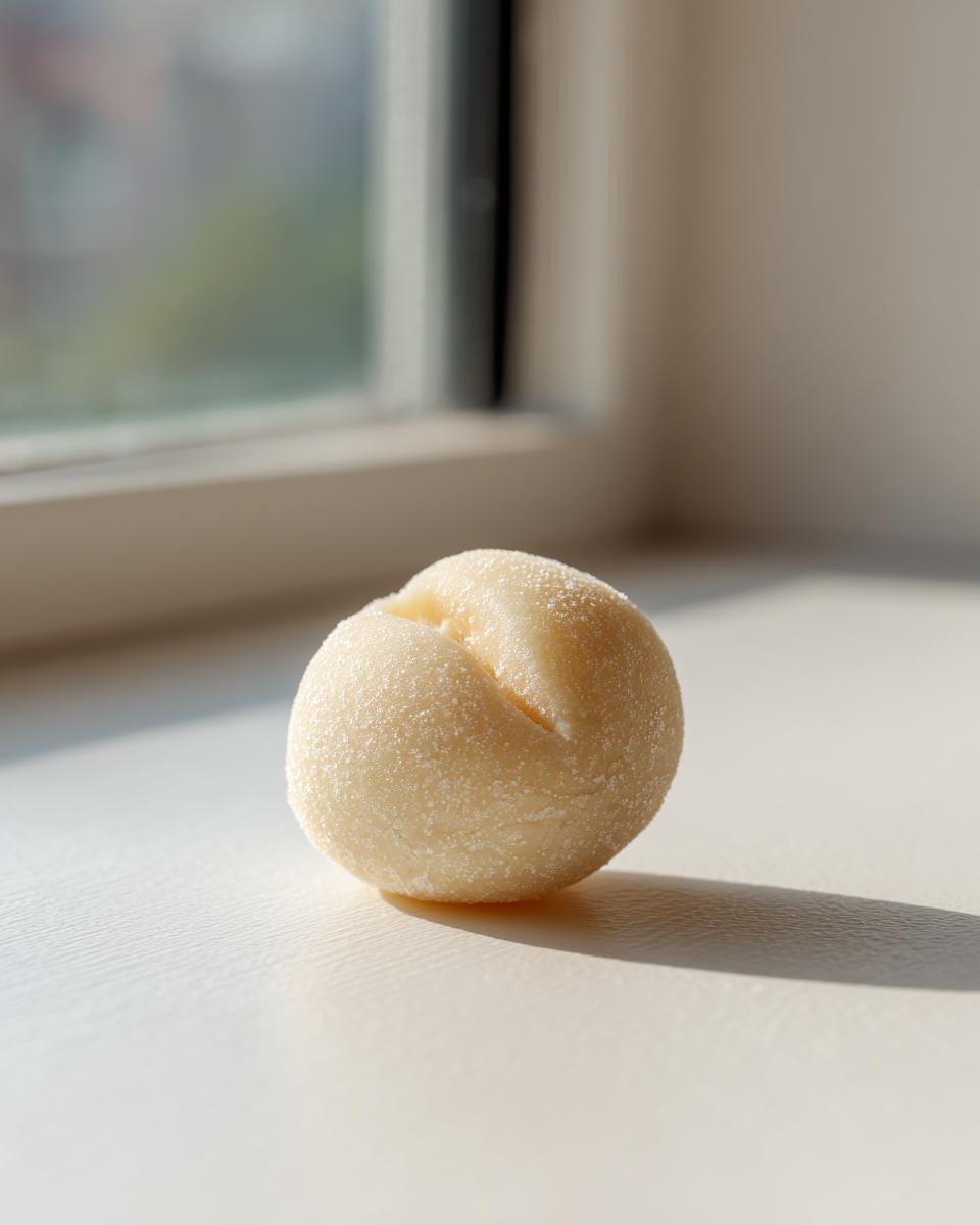 A single, pale yellow ball of homemade marzipan recipe dough, lightly dusted with sugar, sitting on a white surface near a window.