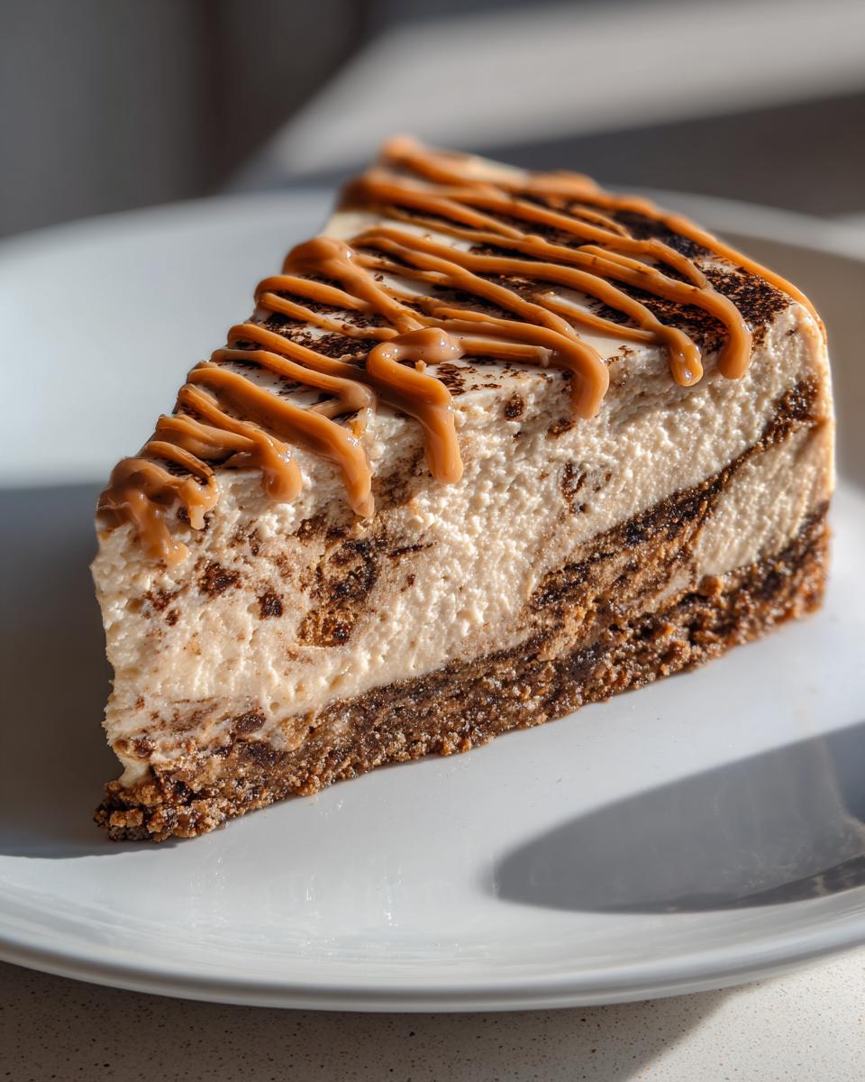 A perfect slice of creamy biscoff cheesecake topped with caramel drizzle and dusting.