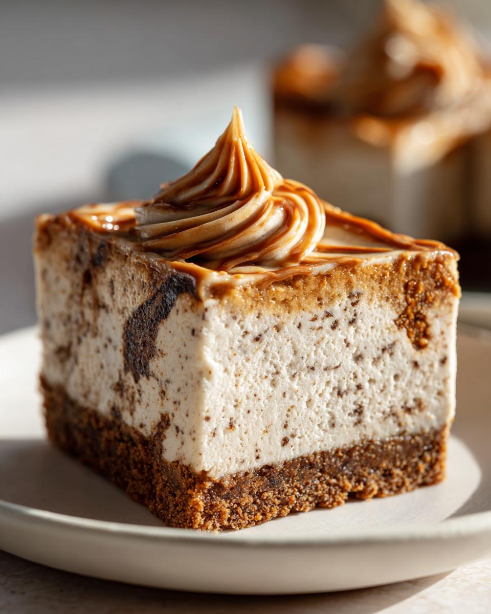 Close-up of a square slice of rich biscoff cheesecake with a thick graham cracker crust and piped caramel topping.