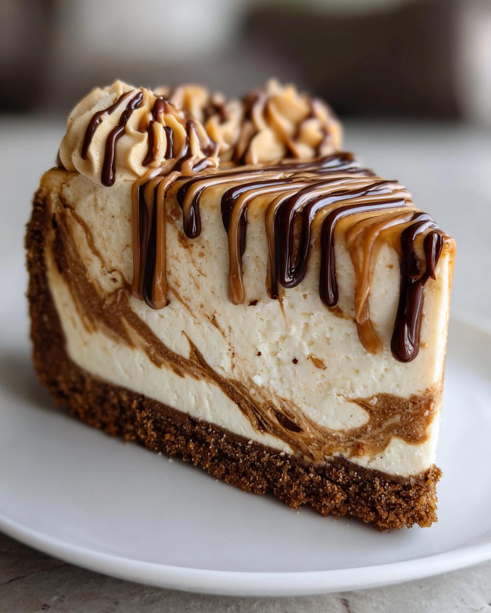 A decadent slice of biscoff cheesecake with a thick graham cracker crust, swirled filling, and chocolate/caramel drizzle.