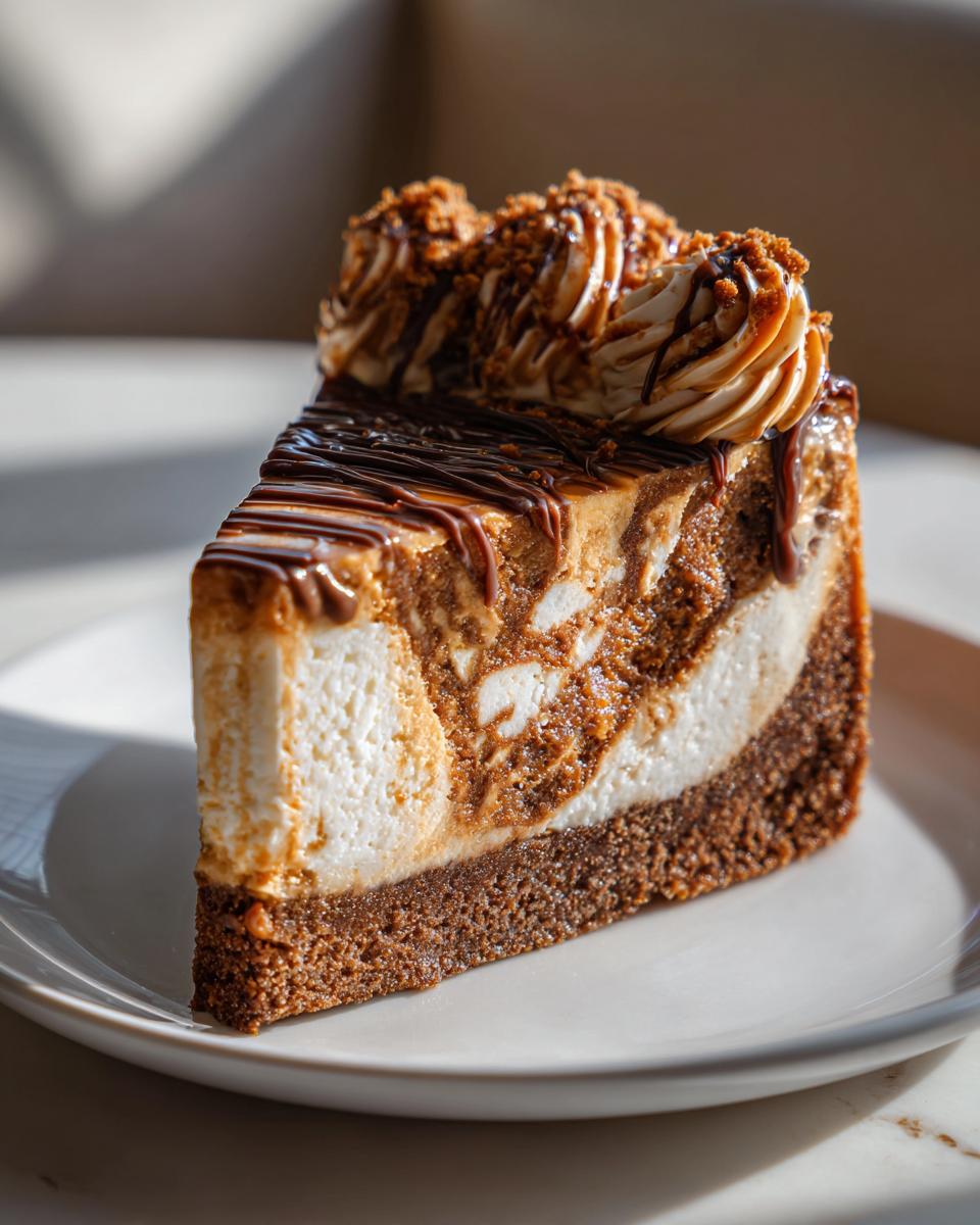 A decadent slice of biscoff cheesecake with a dark crust, marbled filling, and piped topping.