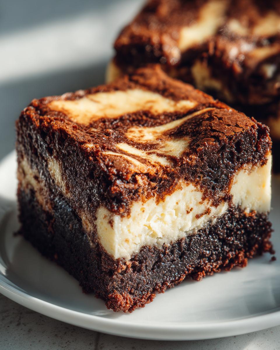 A close-up of a rich, fudgy cream cheese brownies square showing a distinct layer of white cream cheese filling swirled into the dark chocolate brownie.