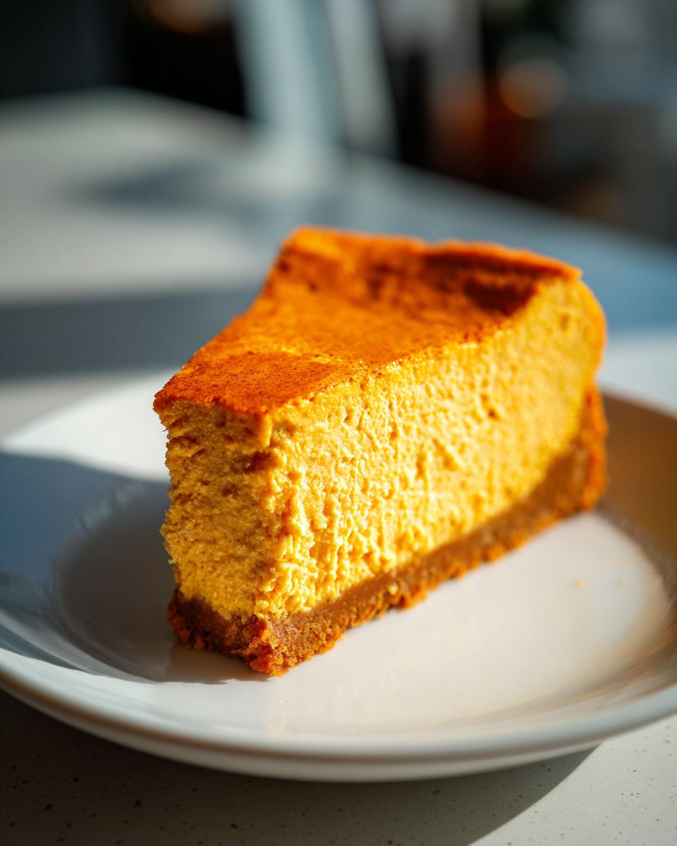 A single, thick slice of bright orange keto pumpkin cheesecake with a dark crust on a white plate.