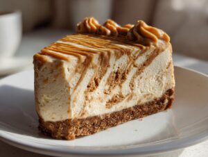 A perfect slice of creamy biscoff cheesecake with a marbled swirl and piped topping on a white plate.