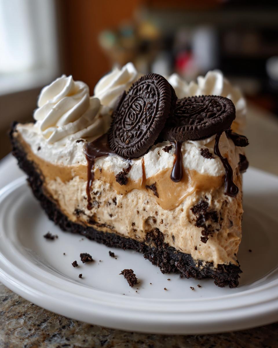 A decadent slice of peanut butter pie with a dark cookie crust, topped with whipped cream and Oreo cookies.