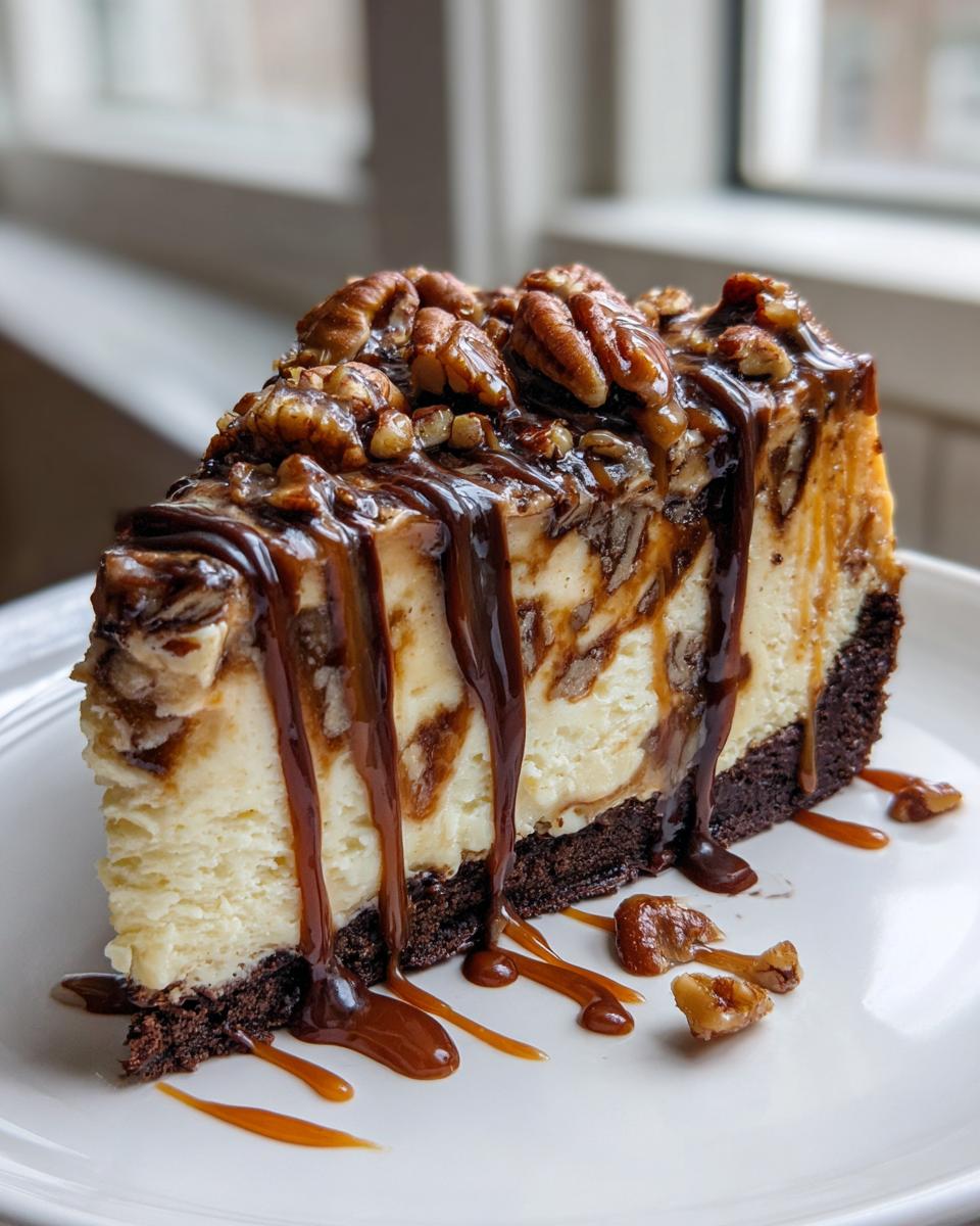 A rich slice of turtle cheesecake featuring a dark crust, creamy filling, caramel, chocolate drizzle, and whole pecans.
