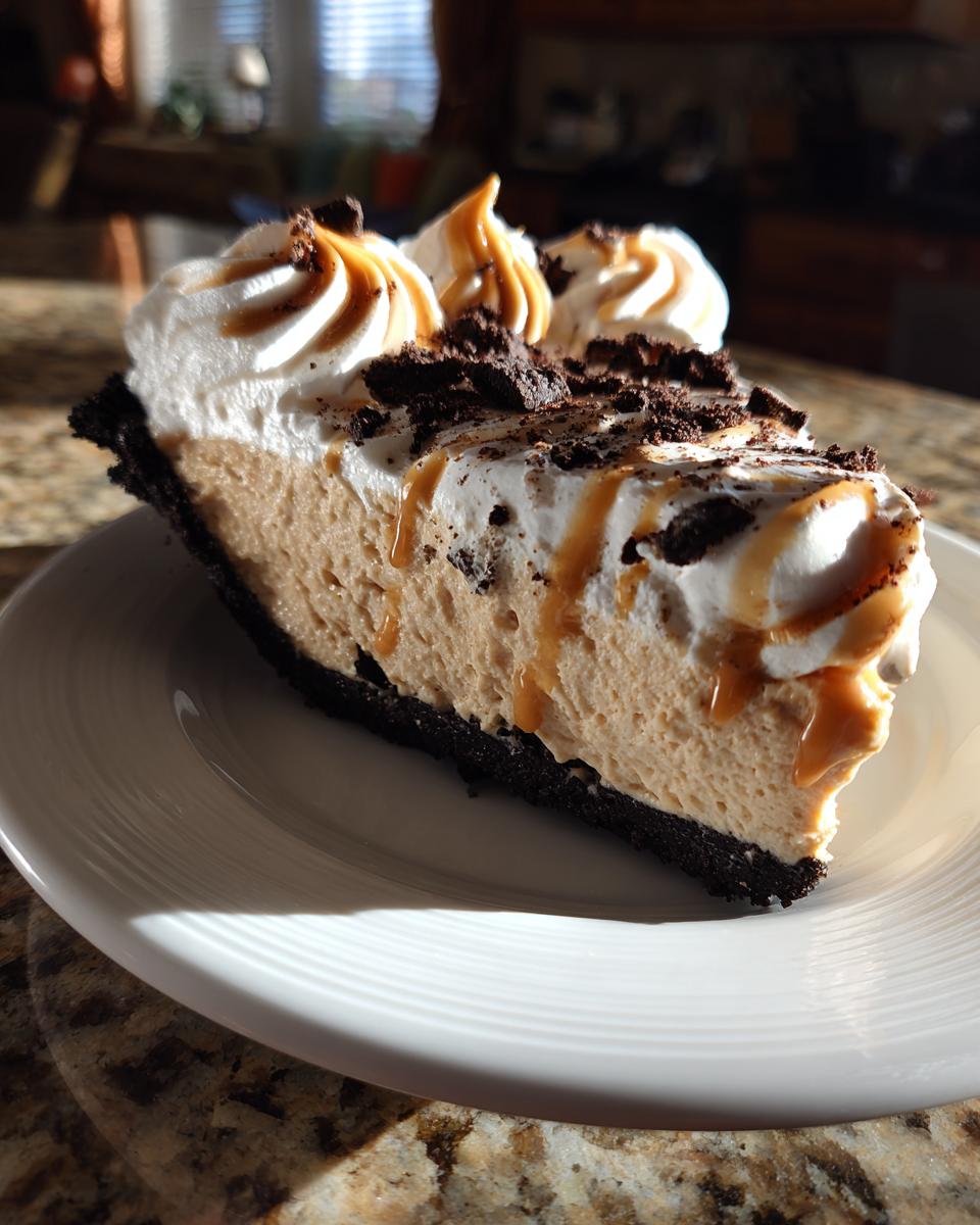 A decadent slice of no-bake peanut butter pie with a dark crust, creamy filling, whipped topping, and caramel drizzle.