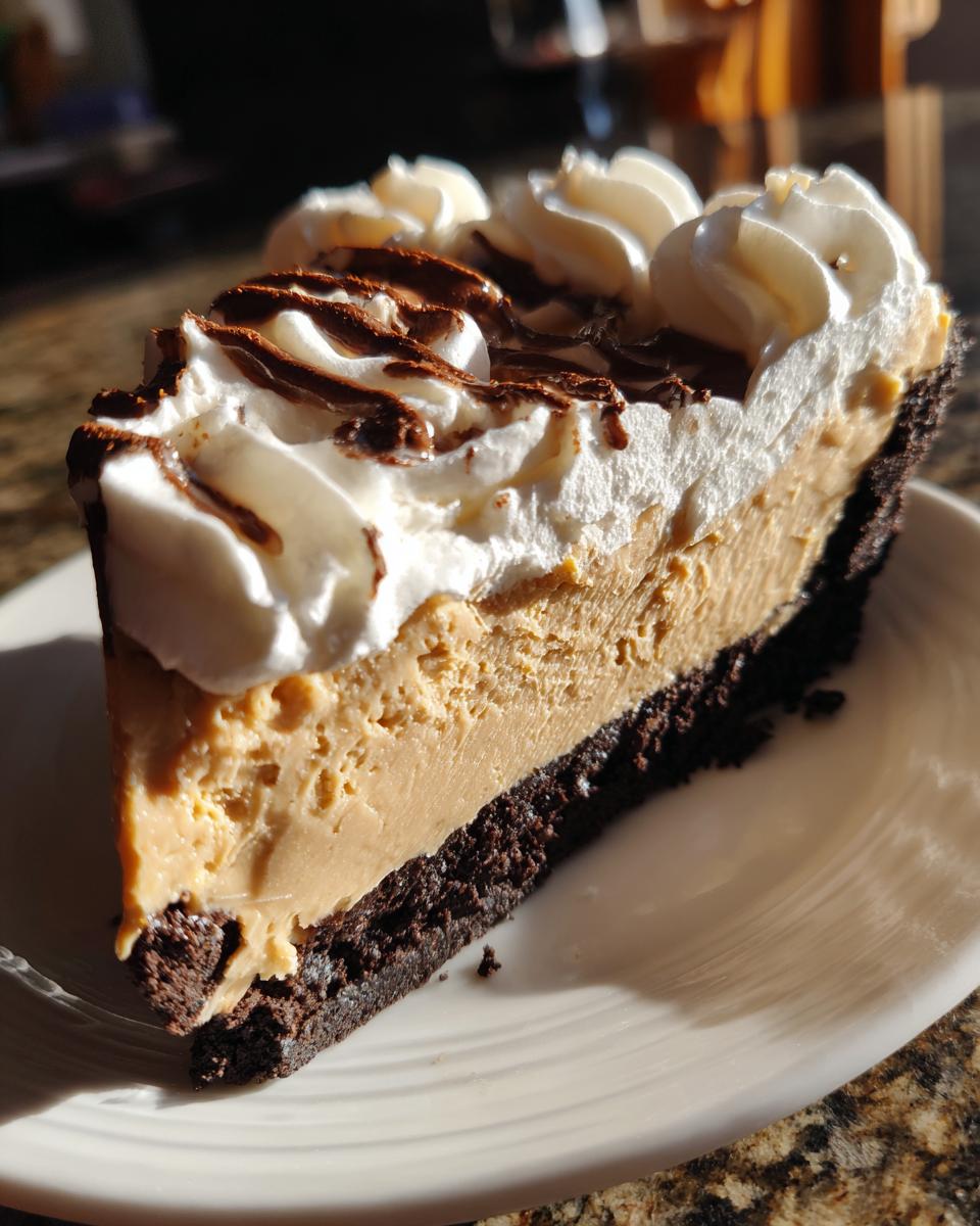 A close-up slice of decadent peanut butter pie with a chocolate crust, peanut butter filling, and whipped topping.