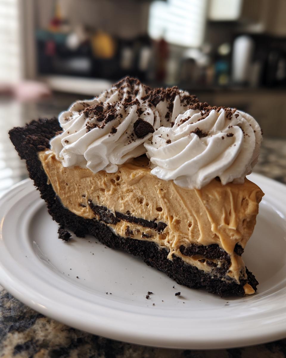 A decadent slice of no-bake peanut butter pie with a chocolate crust, creamy filling, and whipped topping.