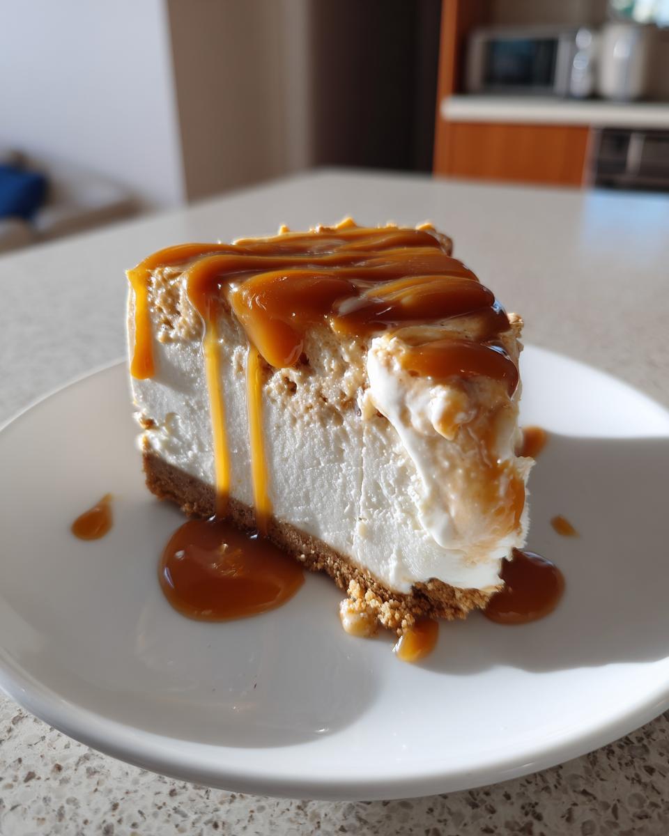 A delicious slice of salted caramel cheesecake topped with thick caramel sauce dripping down the sides.