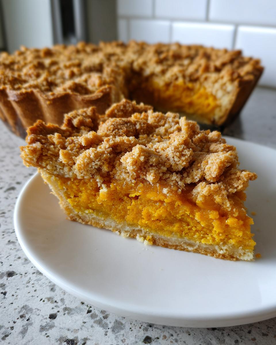 A close-up slice of rich, orange sweet potato cobbler with a thick, crunchy streusel topping on a white plate.