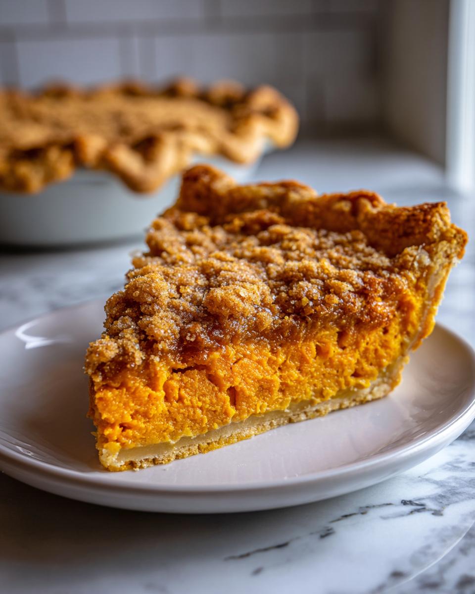 A close-up of a rich slice of sweet potato cobbler featuring a bright orange filling and a thick, sugary crumb topping.