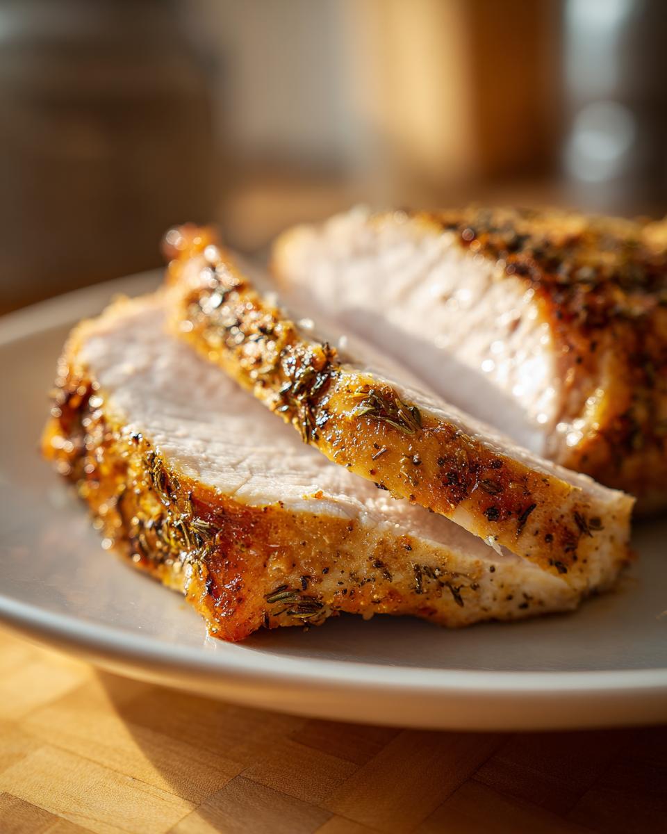 Close-up of two thick slices of juicy slow cooker turkey breast with a golden, herbed crust.