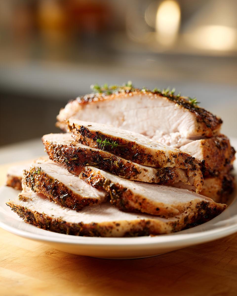 Slices of juicy slow cooker turkey breast stacked on a white plate, showing a flavorful herb crust.