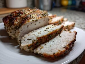 Close-up of juicy, sliced slow cooker turkey breast seasoned with herbs on a white plate.