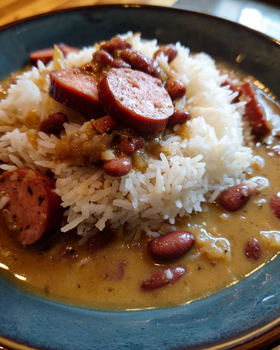 Close-up of a bowl of slow cooker red beans and rice topped with slices of smoked sausage.