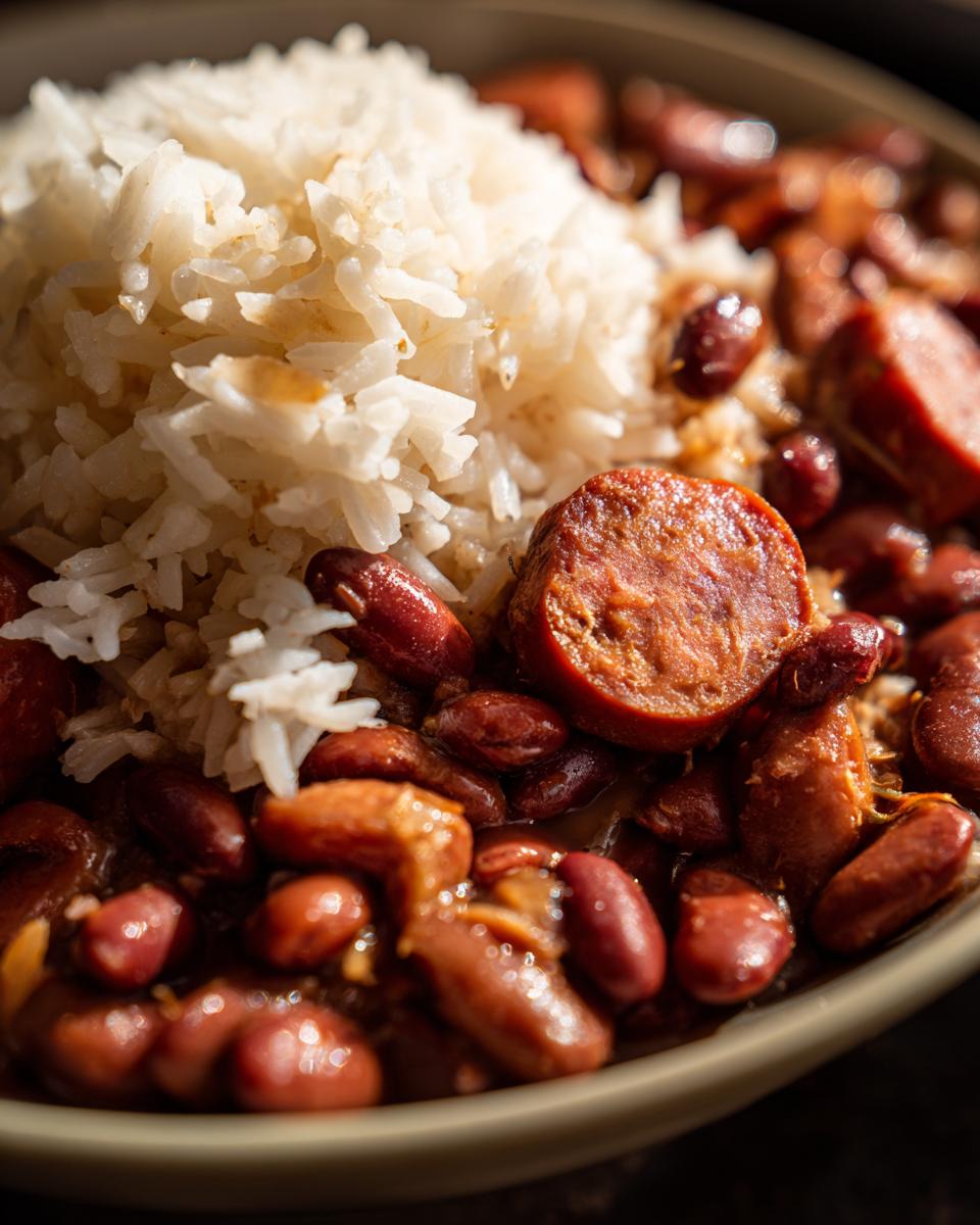 Close-up of a bowl of slow cooker red beans and rice topped with fluffy white rice and slices of smoked sausage.