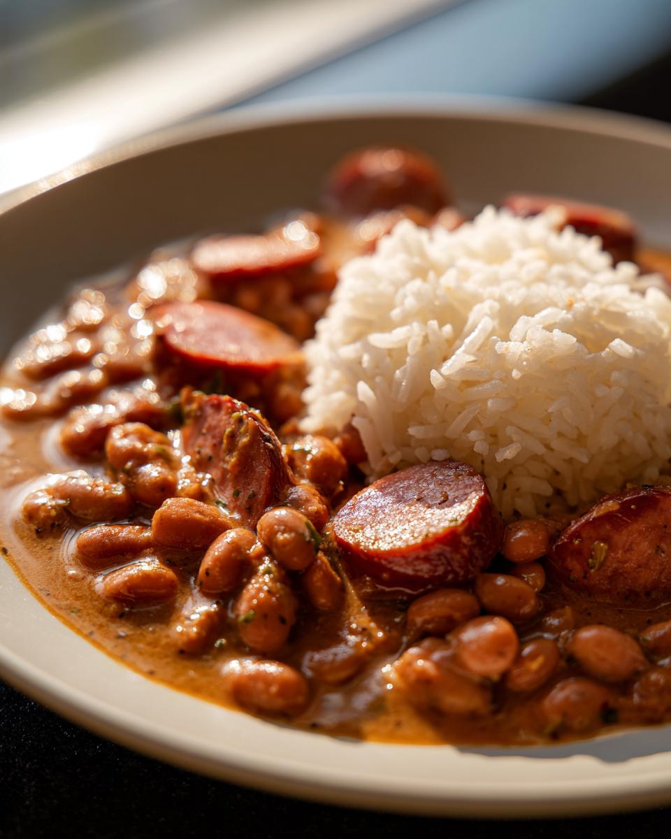 A close-up of a bowl of slow cooker red beans and rice topped with sliced andouille sausage.