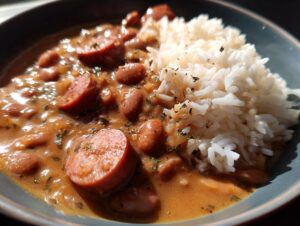 Close-up of a bowl featuring creamy slow cooker red beans and rice served next to a mound of fluffy white rice.