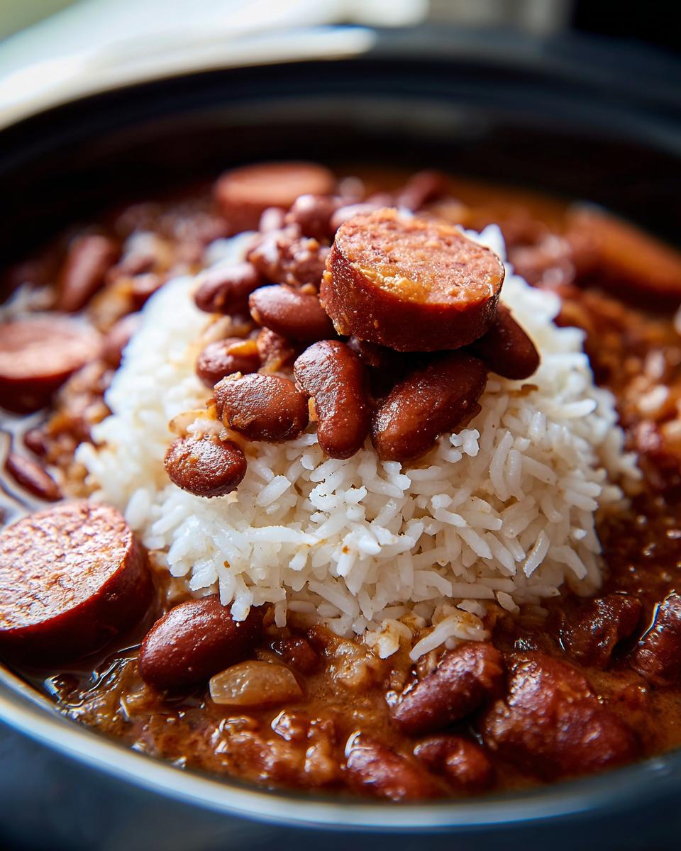 Close-up of a serving of slow cooker red beans and rice topped with white rice and sliced smoked sausage.