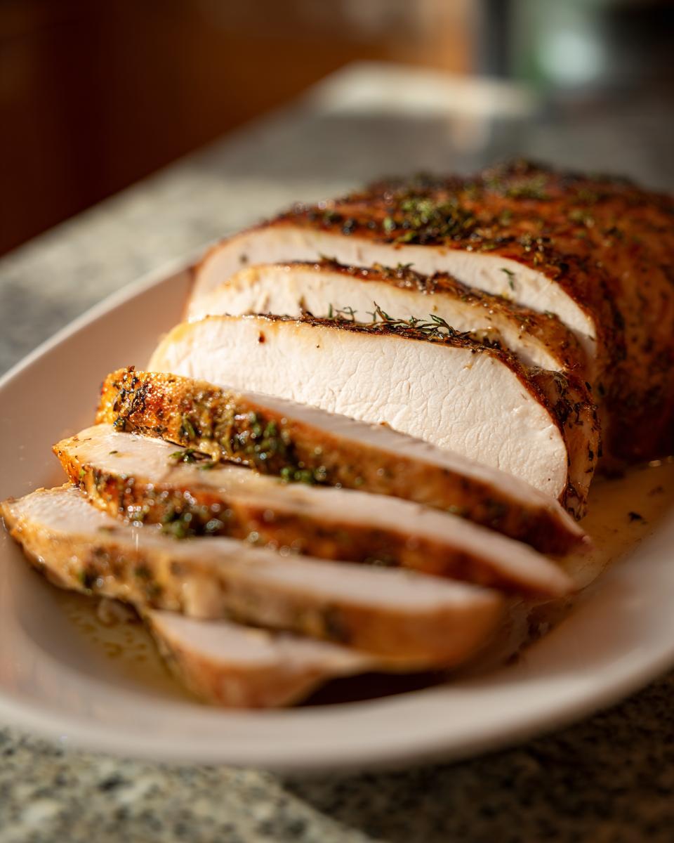 Close-up of perfectly cooked, sliced slow cooker turkey breast seasoned with herbs.