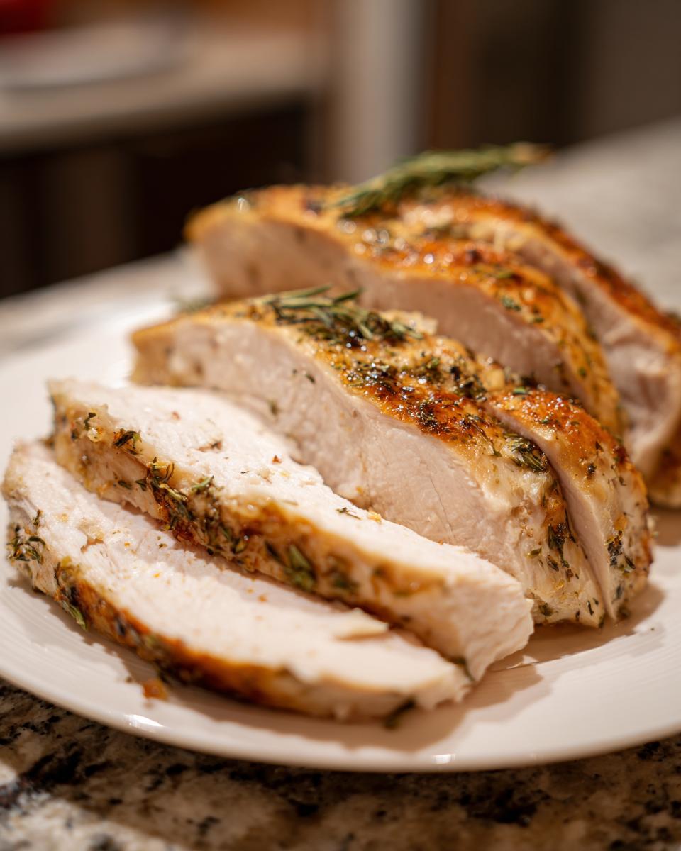 Slices of juicy slow cooker turkey breast seasoned with herbs and rosemary on a white plate.
