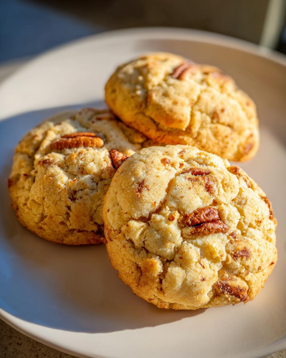 Close-up of three soft, golden butter pecan cookies topped with whole pecans resting on a light-colored plate.