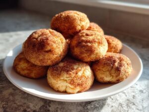 A stack of freshly baked, soft snickerdoodle cookies generously coated in cinnamon sugar, resting on a white plate.