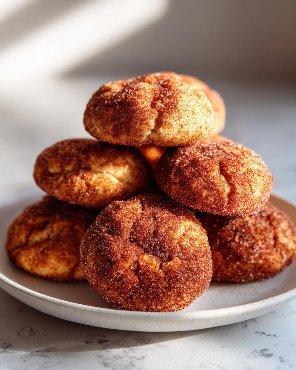 A stack of freshly baked, soft snickerdoodle cookies heavily coated in cinnamon sugar, resting on a light plate.