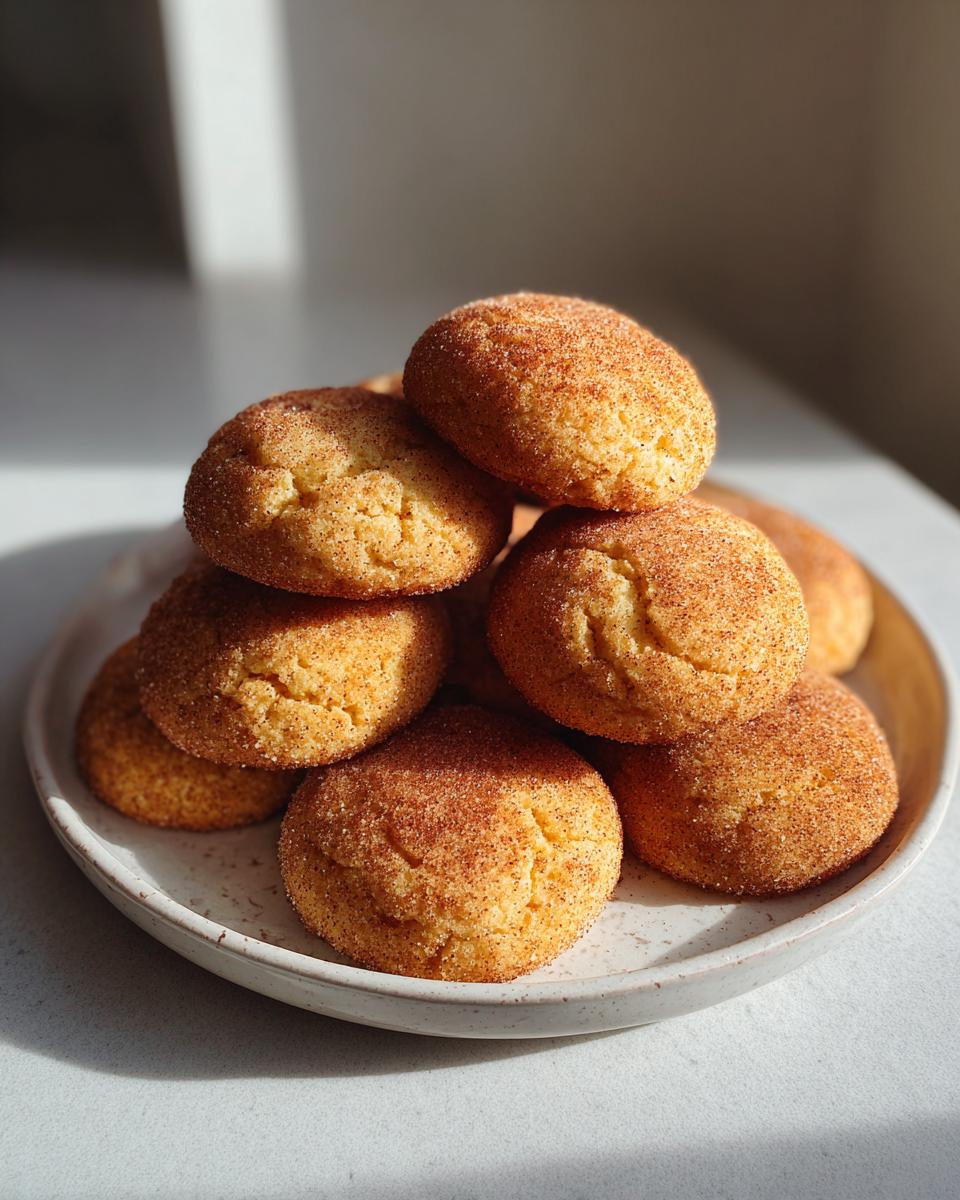 A tempting stack of freshly baked snickerdoodle cookies coated in cinnamon sugar resting on a light-colored plate.