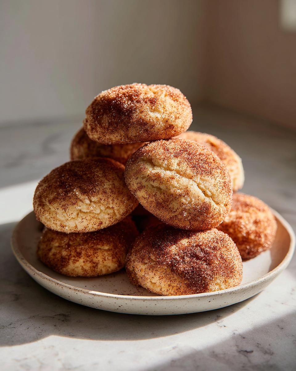 A tempting stack of soft snickerdoodle cookies generously coated in cinnamon sugar, resting on a speckled plate.