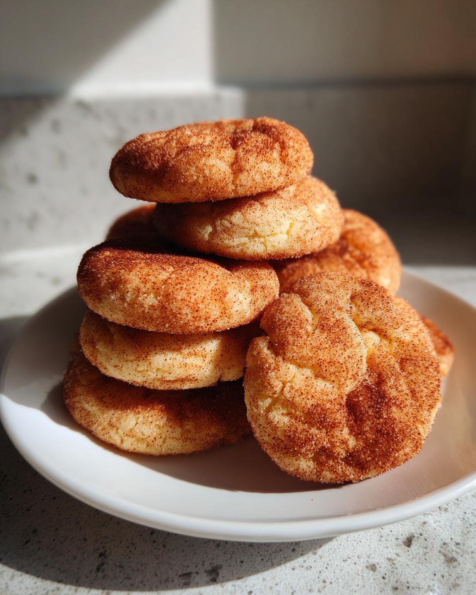 A stack of soft, chewy snickerdoodle cookies coated in cinnamon sugar resting on a white plate.