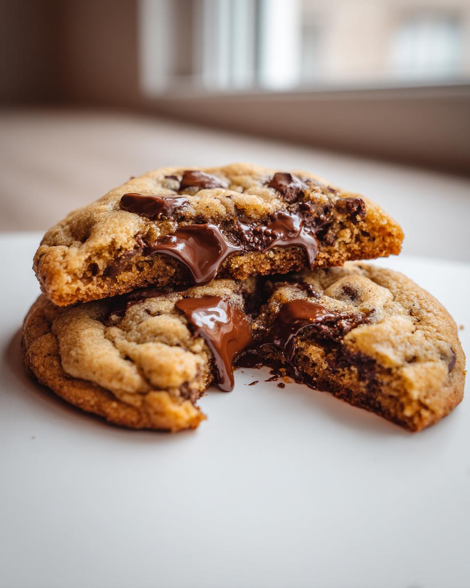 Close-up of two halves of a sourdough chocolate chip cookie broken open, showing gooey, melted chocolate.