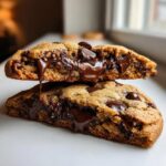 Close-up of sourdough chocolate chip cookies split open, showing molten, dripping chocolate chips inside.