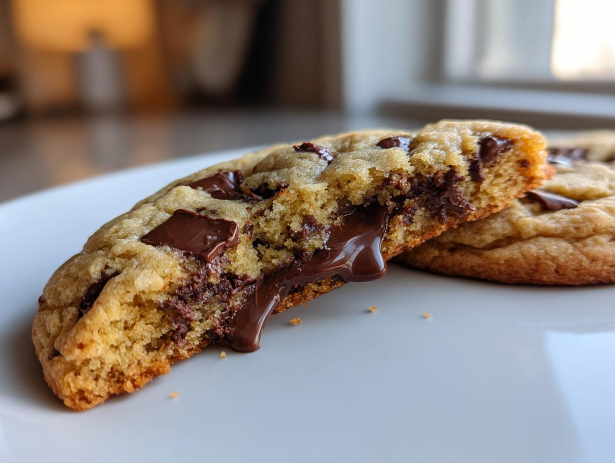 Close-up of a sourdough chocolate chip cookie broken in half showing gooey, melted chocolate center.