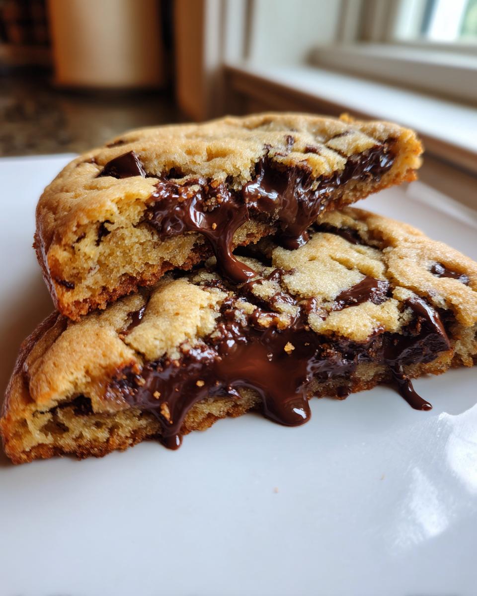 Close-up of a sourdough chocolate chip cookie broken in half showing gooey, melted chocolate center.