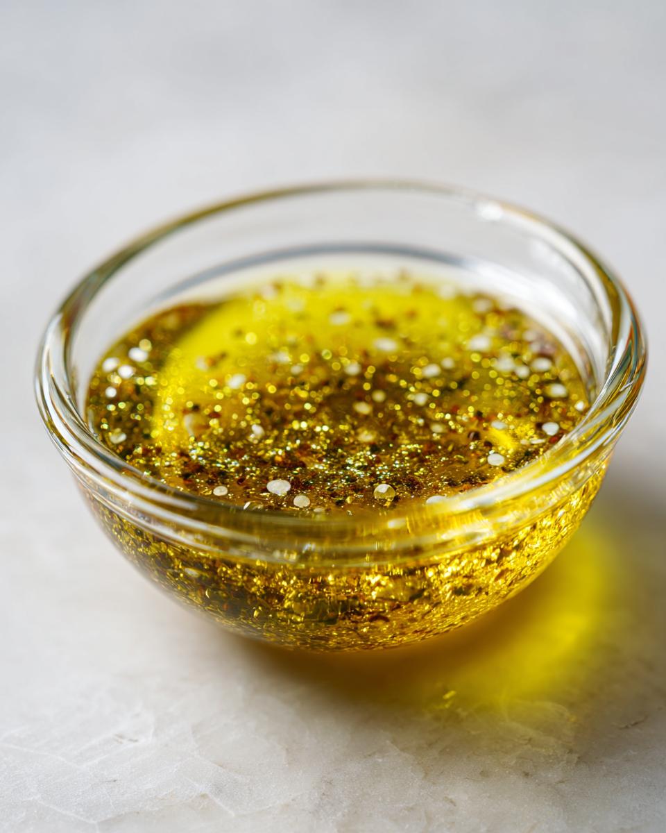 Close-up of a vibrant yellow liquid, likely homemade salad dressing, mixed with gold edible glitter.