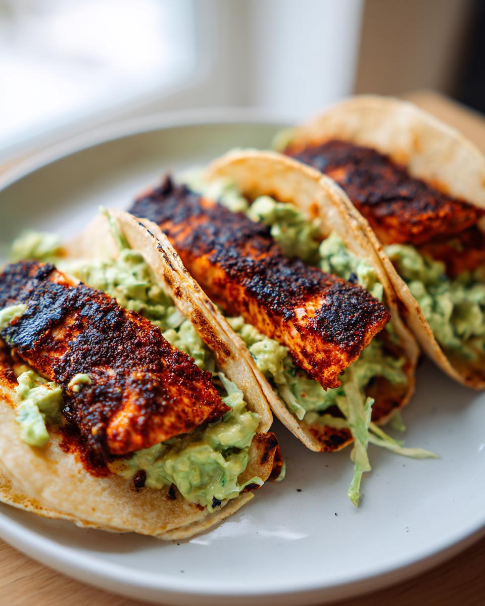 Three delicious salmon tacos filled with blackened salmon, creamy avocado slaw, served on soft tortillas.
