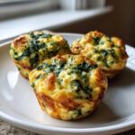 Three golden-brown, fluffy spinach and cheese egg bites served on a white plate.
