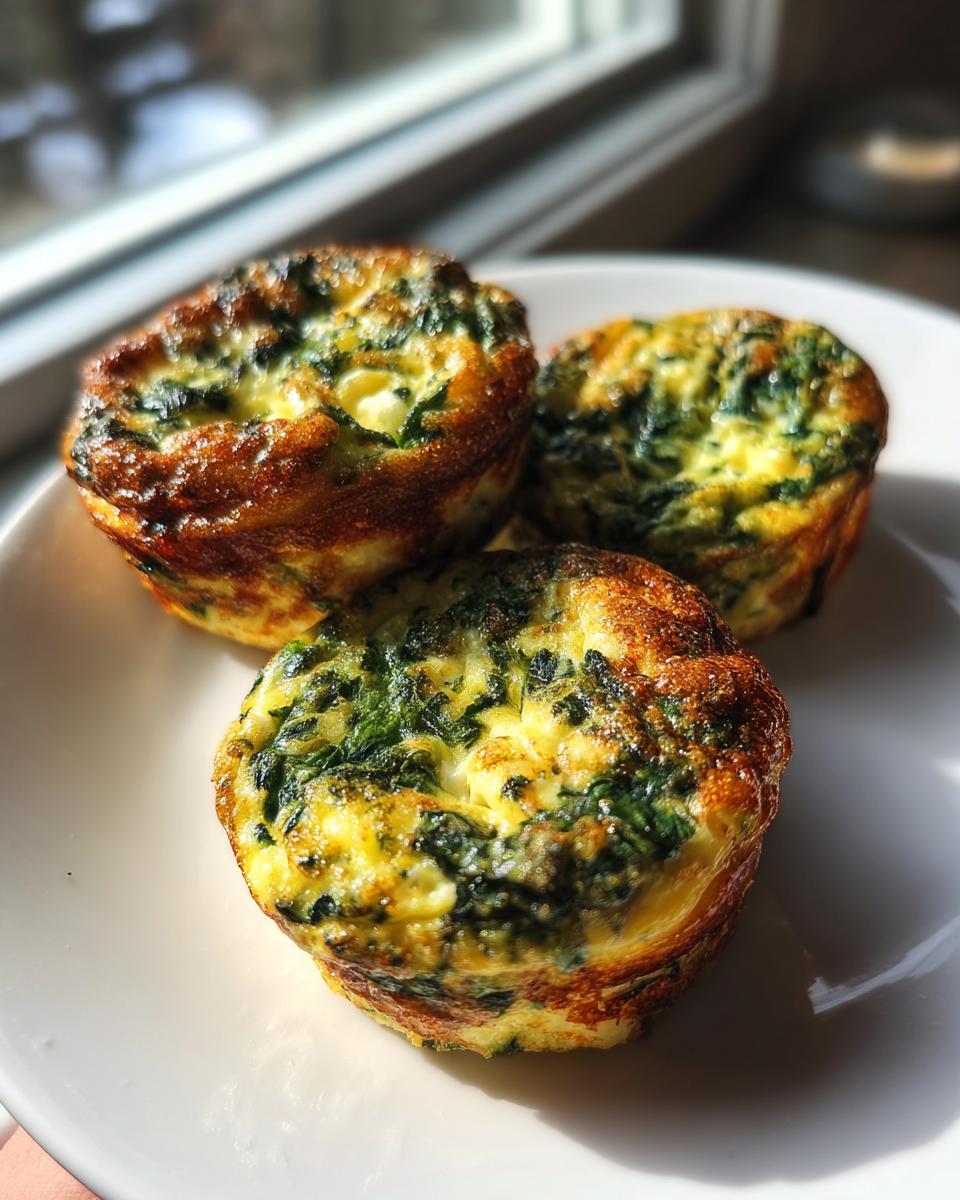 Three golden-brown, baked spinach and cheese egg bites served on a white plate near a window.