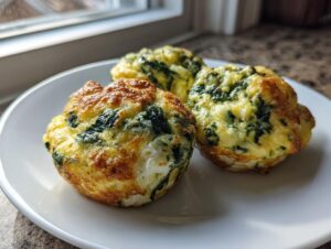 Three golden-brown spinach and cheese egg bites served on a white plate near a window.