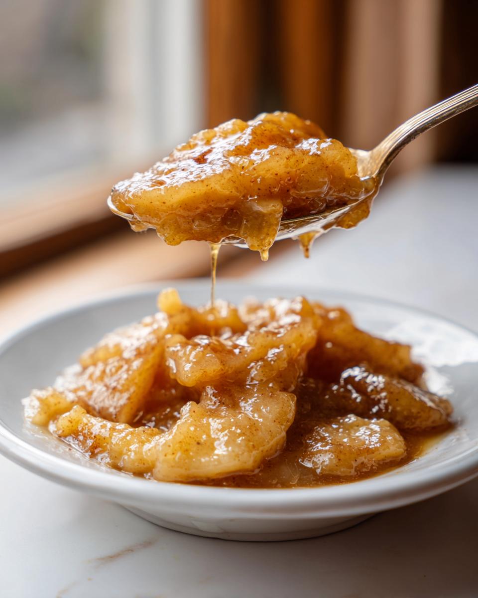 A spoonful of thick, syrupy apple pie filling being lifted above a white bowl filled with more apple pie filling.
