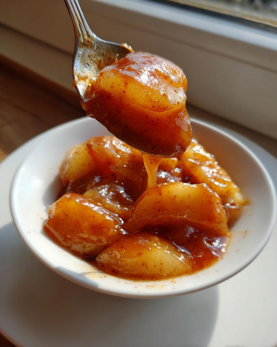 A spoonful of thick, glossy, spiced apple pie filling being lifted from a small white bowl.
