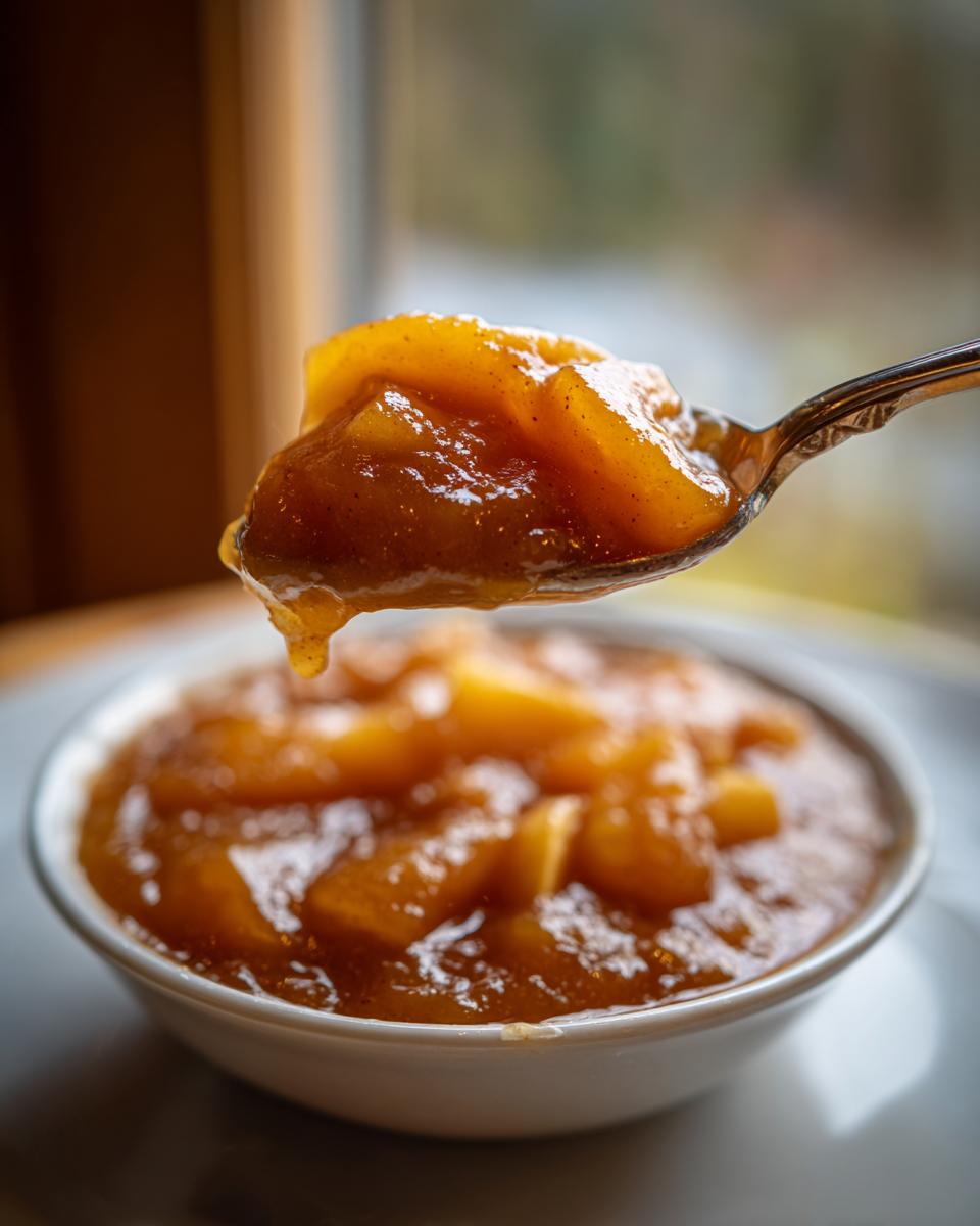 A spoonful of thick, spiced apple pie filling being lifted above a white bowl of the same amazing apple pie filling.