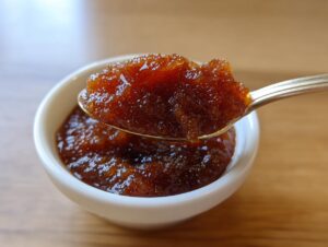 A spoonful of thick, dark brown pear butter being lifted from a small white bowl.