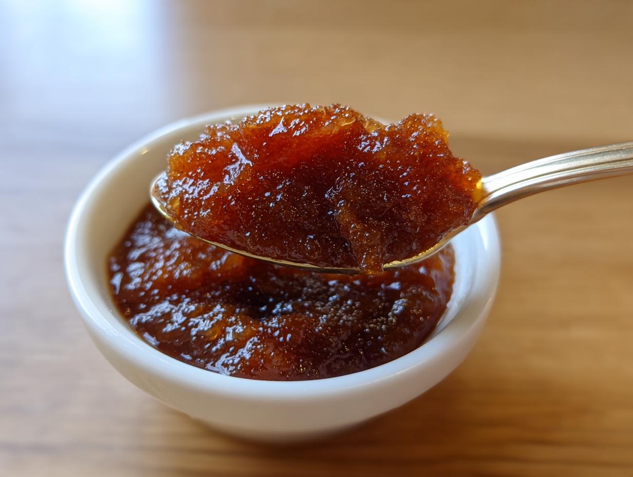 A spoonful of thick, dark brown pear butter being lifted from a small white bowl.