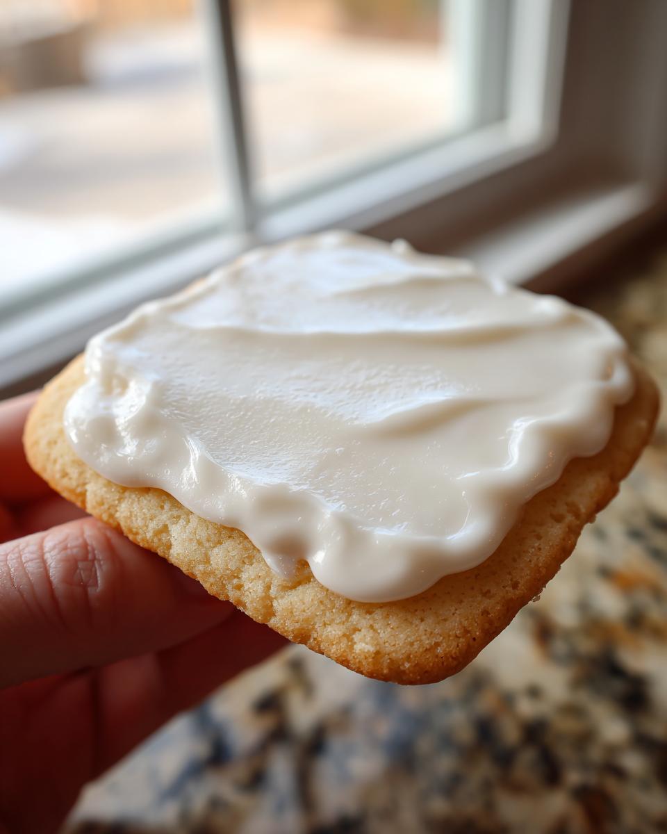 Close-up of a hand holding a square sugar cookie topped with thick, creamy white cookie icing recipe frosting.