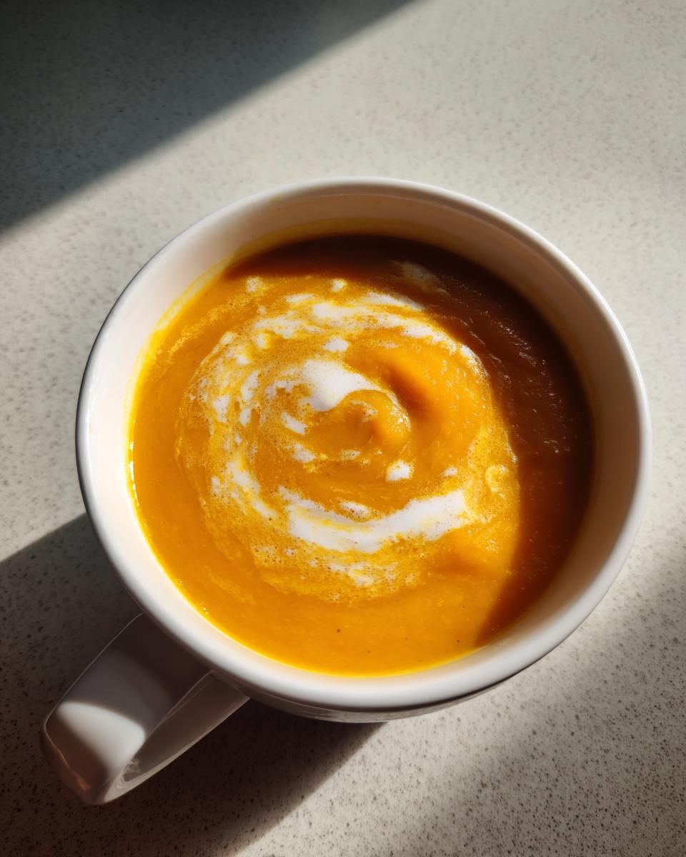 Close-up of vibrant orange squash soup topped with a swirl of cream in a white mug.