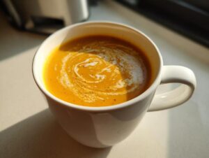 Close-up of vibrant orange squash soup in a white mug, swirled with cream and pepper.